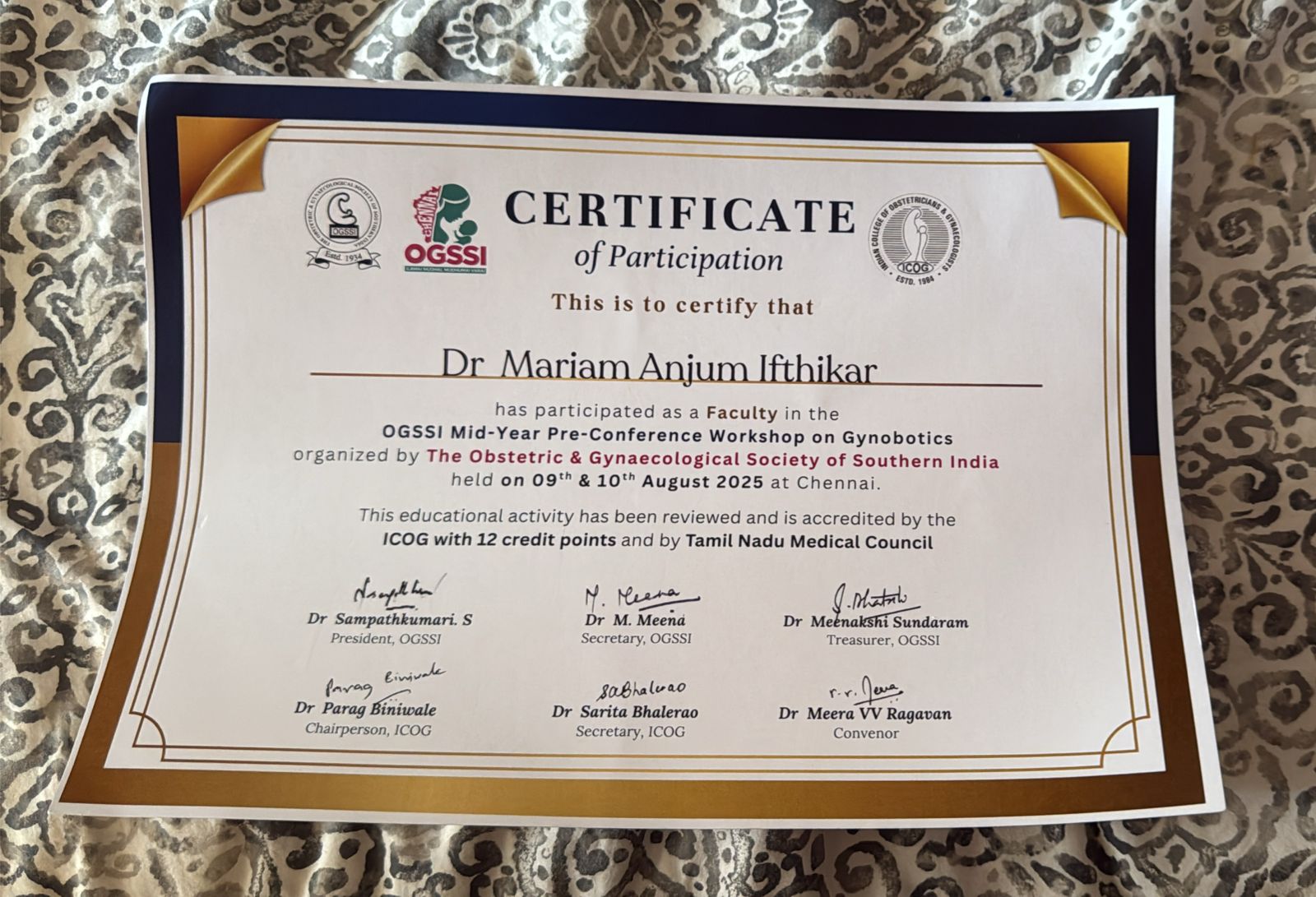 Dr. Mariam Anjum — OGSSI — Certificate